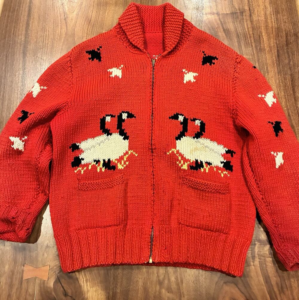VINTAGE 50s Goose Cowichan 100% Wool Zip Cardigan Sweater Mary Maxim Red - Picture 1 of 16